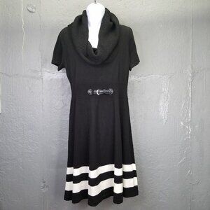 Eliza J Sweater Dress Women's M Black White Cowl Neck Knit Stripe Short Sleeve